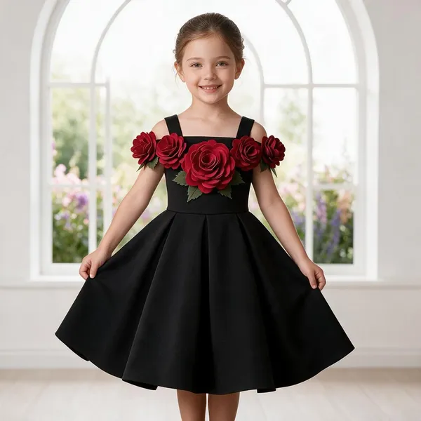 Black_A-Line_Floral_Applique_Dress_for_Girls
