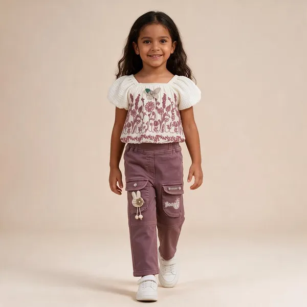 White_Floral_Top_And_Mauve_Pants_Set_for_Girls