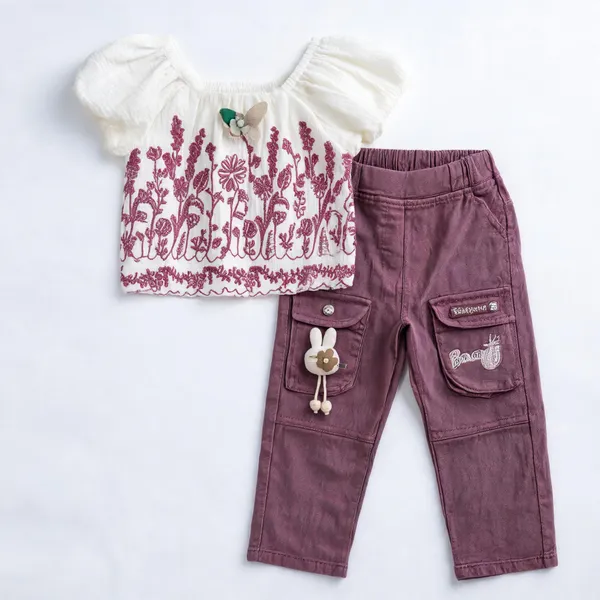 White_Floral_Top_And_Mauve_Pants_Set_for_Girls