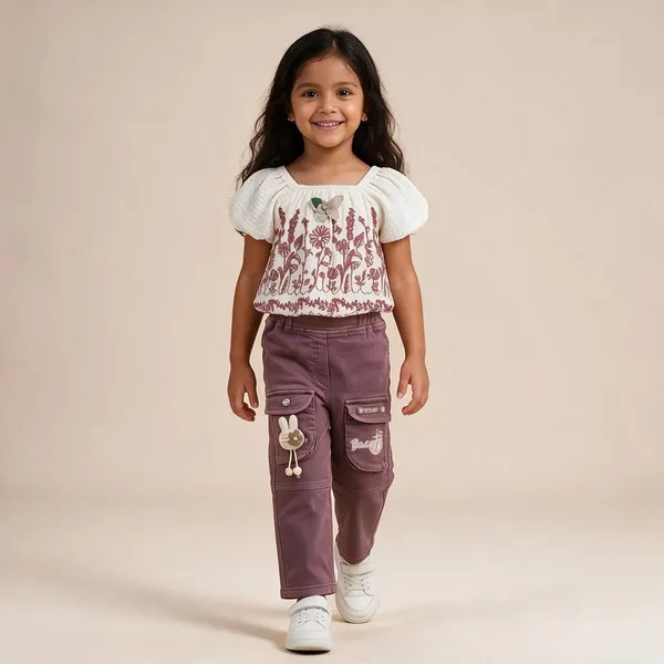 White_Floral_Top_And_Mauve_Pants_Set_for_Girls