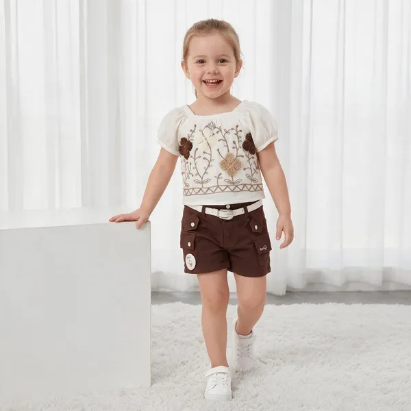 Cream_Embroidered_Top_And_Brown_Shorts_Set_For_Girls