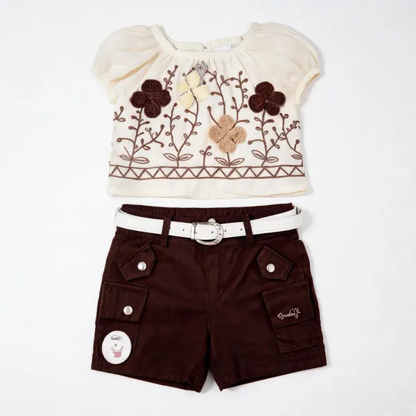 Cream_Embroidered_Top_And_Brown_Shorts_Set_For_Girls