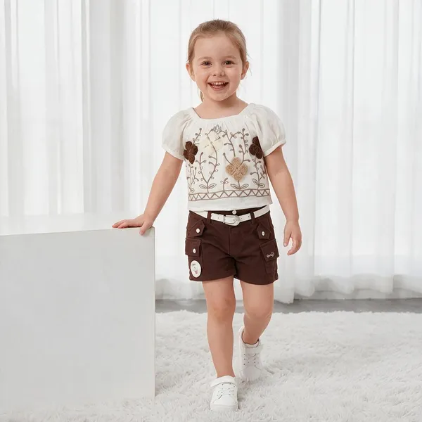 Cream_Embroidered_Top_And_Brown_Shorts_Set_For_Girls