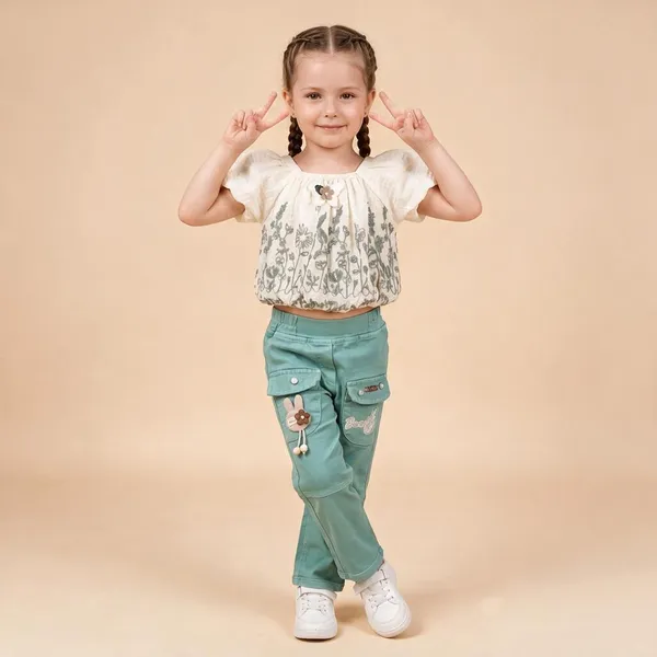 White_Floral_Print_Top_And_Green_Pants_Set_for_Girls