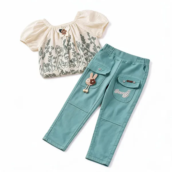 White_Floral_Print_Top_And_Green_Pants_Set_for_Girls