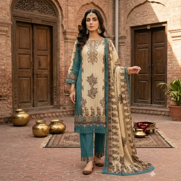 Beige_Teal_Muslin_Printed_Unstitched_Suit_Set_For_Women