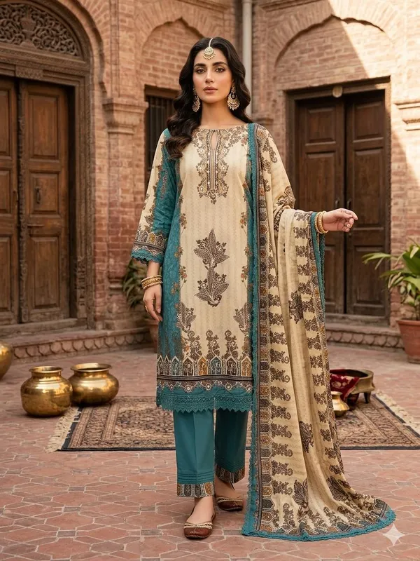 Beige_Teal_Printed_Straight_Suit_Set_for_Women