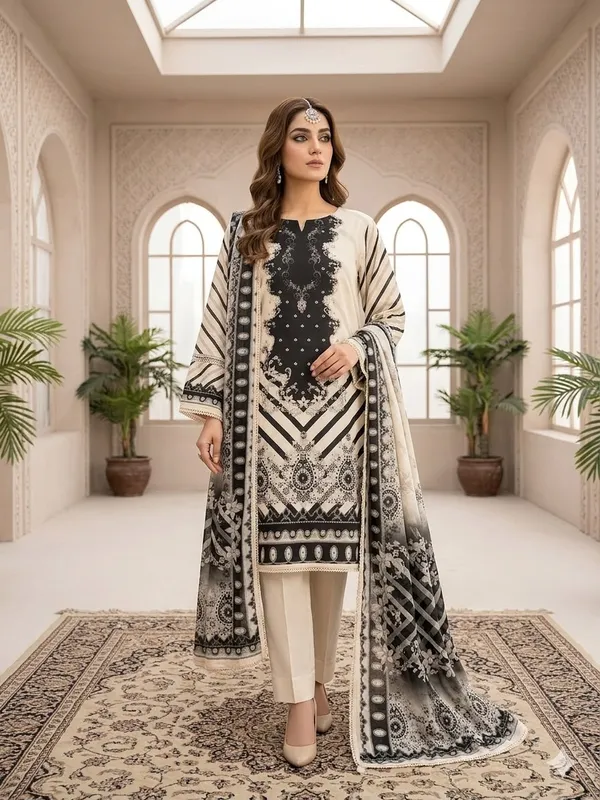 Black_Beige_Printed_Kurta_Set_for_Women