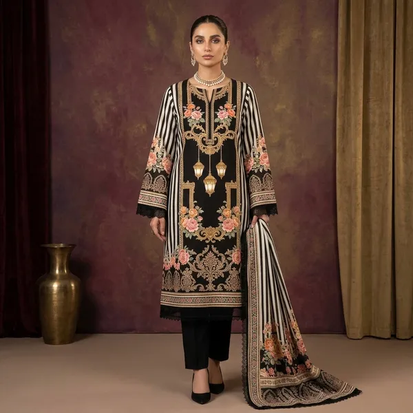 Black_Muslin_Floral_Print_Unstitched_Suit_Set_For_Women