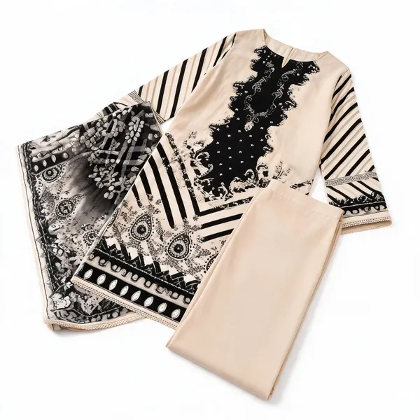 Black_And_Beige_Muslin_Printed_Unstitched_Suit_Set_For_Women