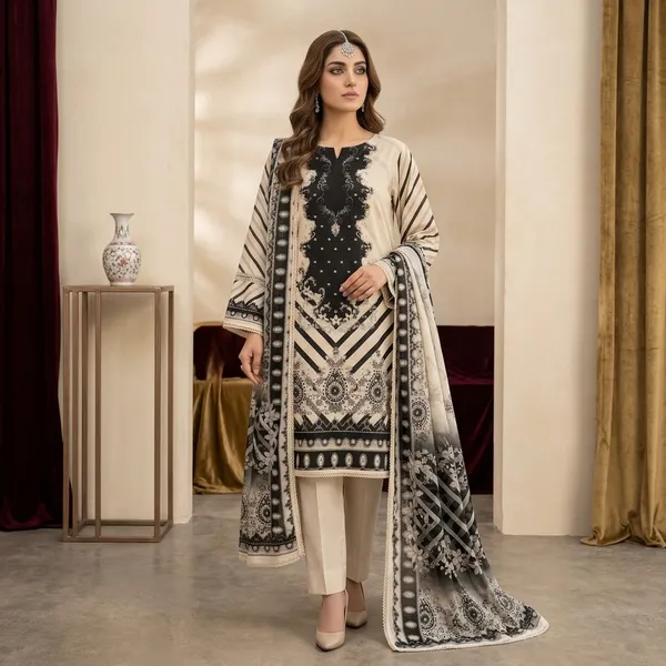 Black_And_Beige_Muslin_Printed_Unstitched_Suit_Set_For_Women