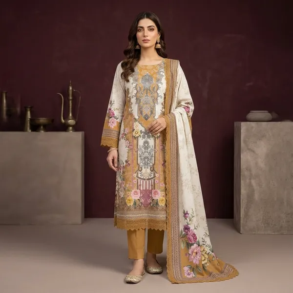Cream_Muslin_Floral_Print_Straight_Unstitched_Suit_Set_For_Women