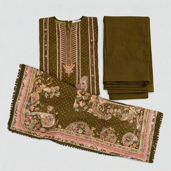 Olive_Muslin_Printed_Unstitched_Suit_Set_For_Women