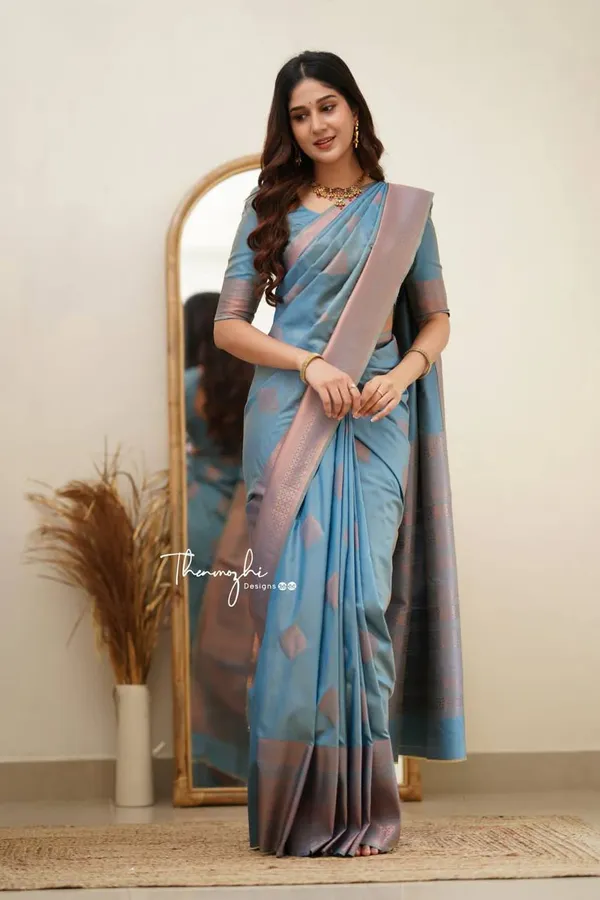 Blue_Printed_Saree_With_Pink_Border_for_Women