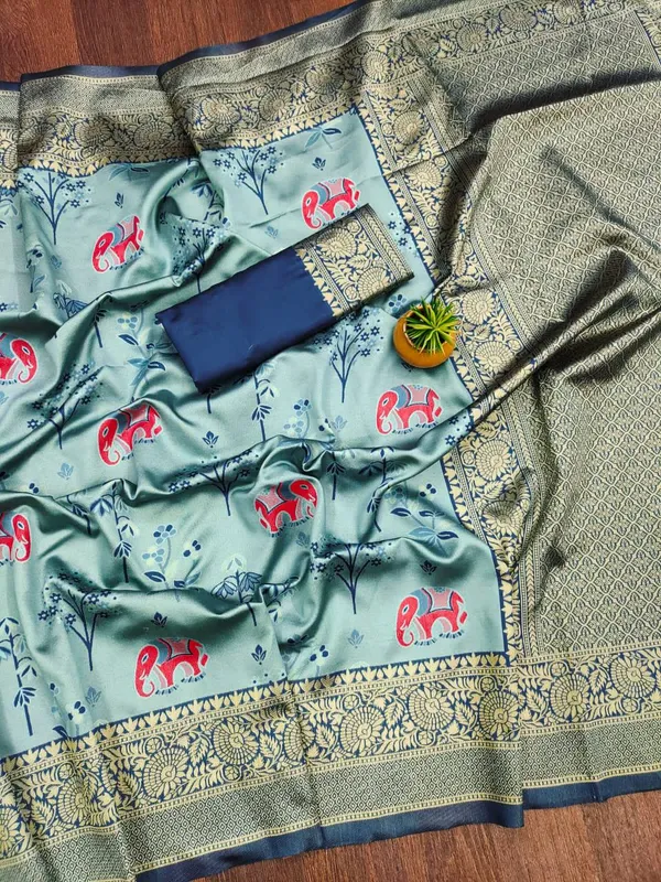 Teal_Printed_Saree_With_Blouse_Piece_for_Women