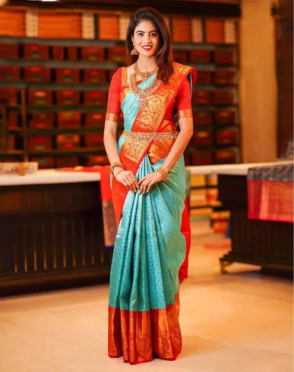 Red_Turquoise_Traditional_Saree_For_Women