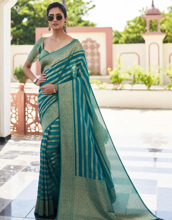 Teal_Woven_Stripe_Saree_for_Women