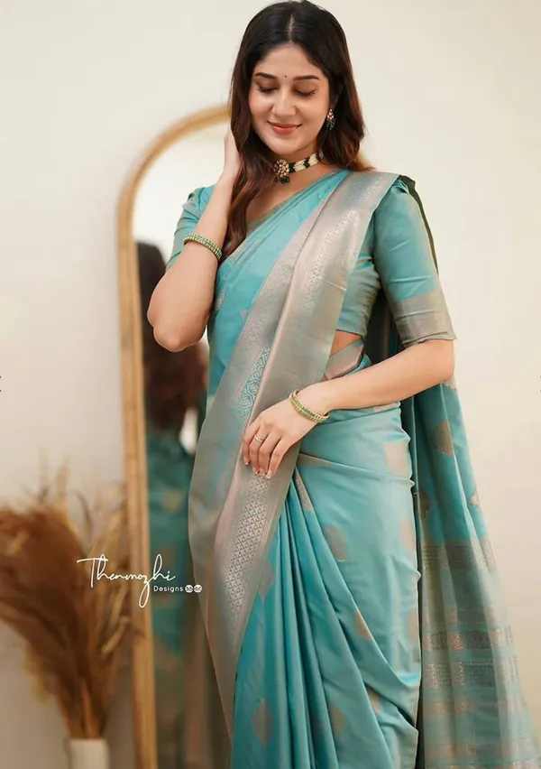Teal_Silver_Border_Saree_for_Women
