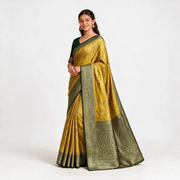 Yellow_Floral_Print_Saree_With_Green_Border_For_Women
