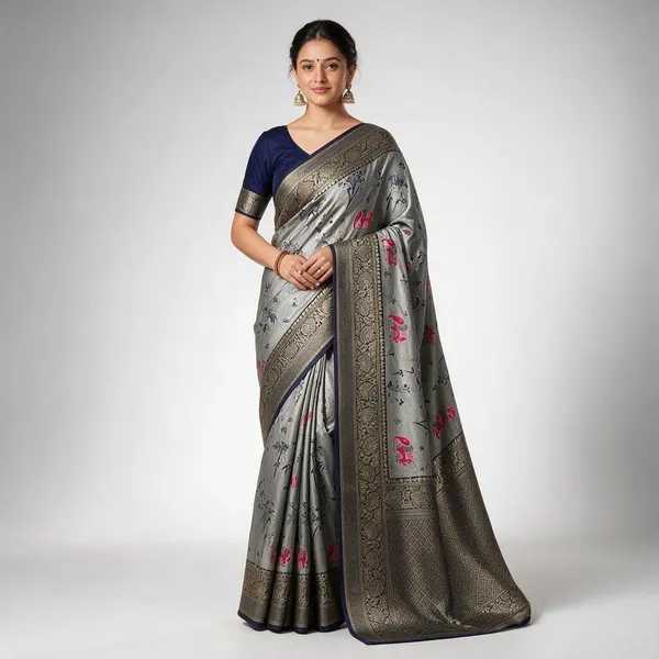 Grey_Printed_Saree_With_Blouse_Piece_For_Women