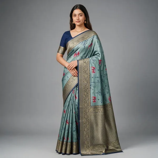 Teal_Printed_Saree_With_Blouse_Piece_For_Women