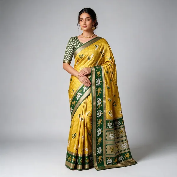 Yellow_Woven_Elephant_Motif_Saree_For_Women