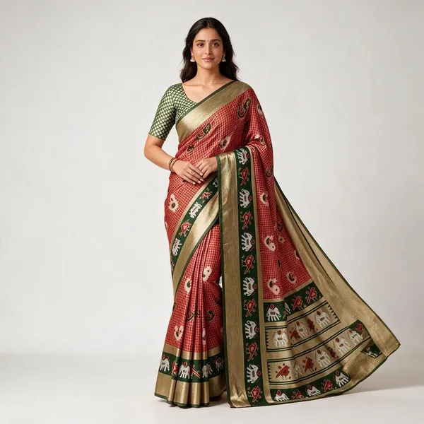 Red_Motif_Woven_Saree_With_Blouse_Piece_For_Women