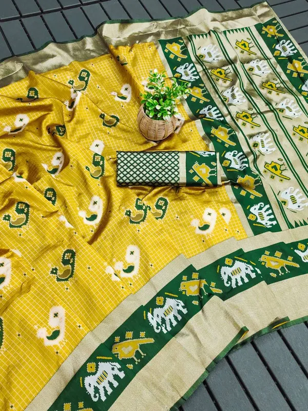 Yellow_Woven_Elephant_Motif_Saree_For_Women