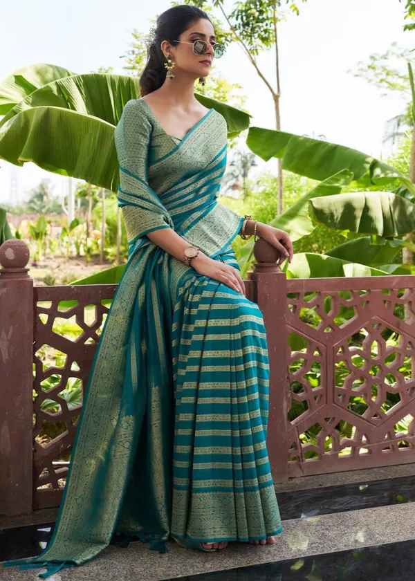 Teal_Woven_Stripe_Saree_for_Women