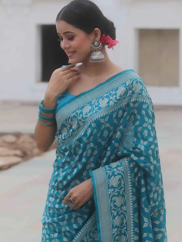 Teal_Blue_Floral_Print_Saree_for_Women