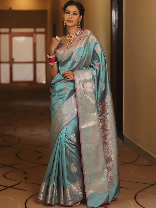 Turquoise_Woven_Saree_for_Women