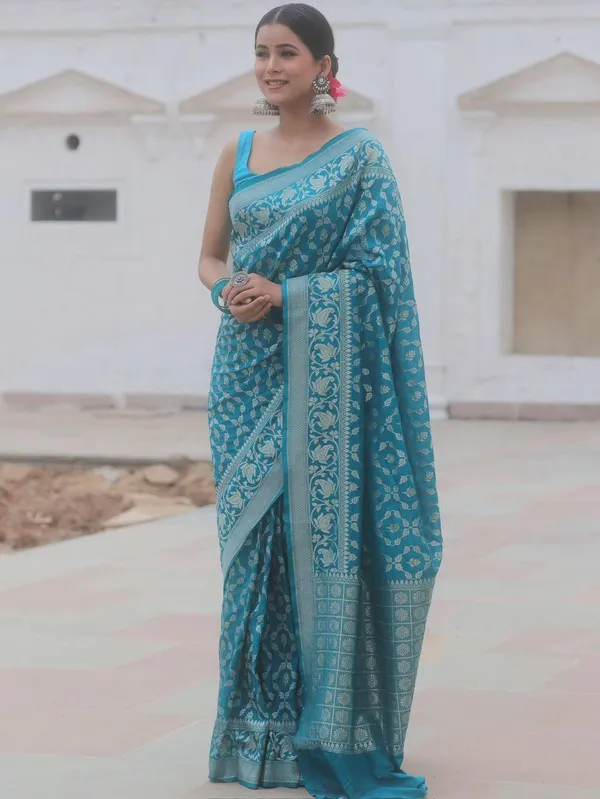 Teal_Blue_Floral_Print_Saree_for_Women