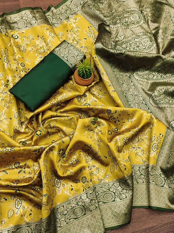 Yellow_Floral_Print_Saree_With_Green_Border_for_Women