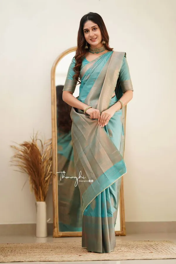 Teal_Silver_Border_Saree_for_Women