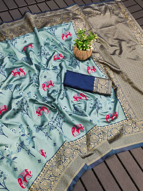Teal_Printed_Saree_With_Blouse_Piece_for_Women