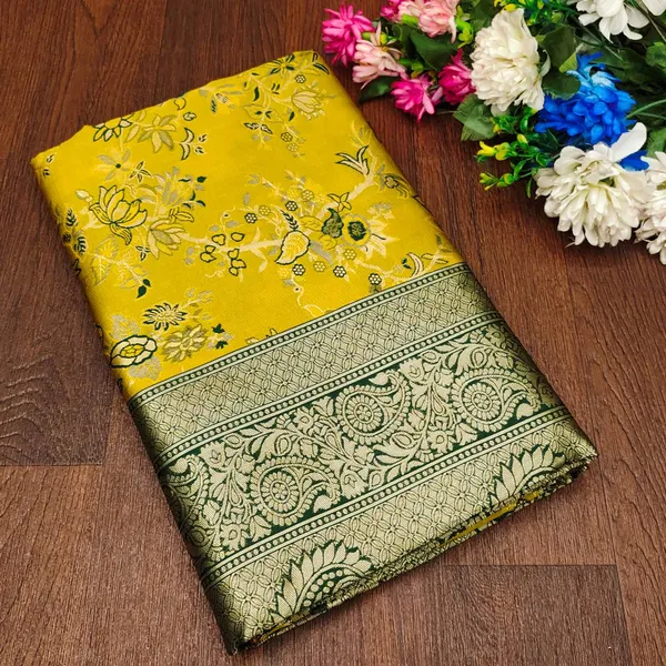 Yellow_Floral_Print_Saree_With_Green_Border_for_Women