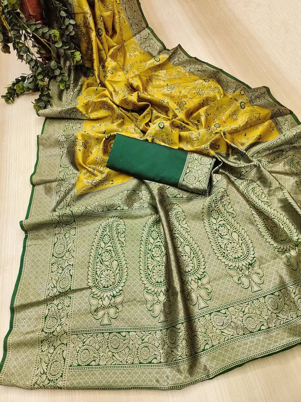 Yellow_Floral_Print_Saree_With_Green_Border_for_Women