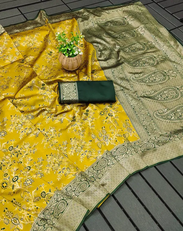 Yellow_Floral_Print_Saree_With_Green_Border_for_Women