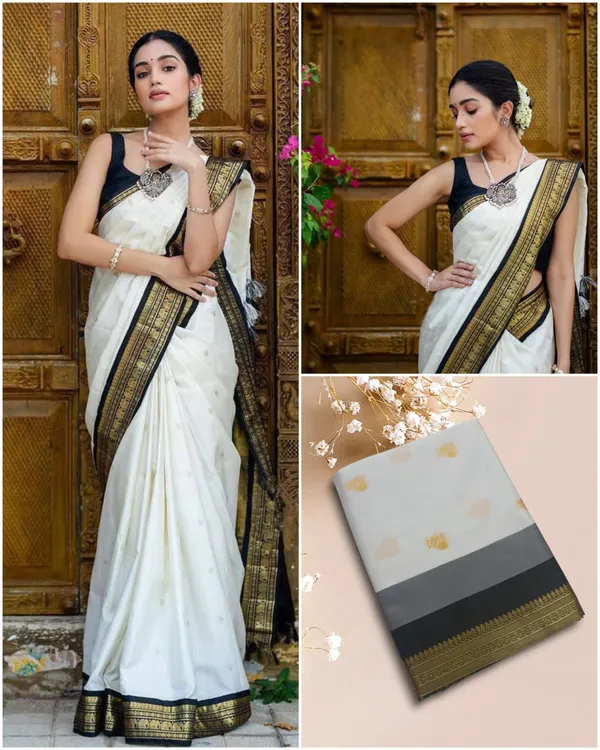 White_Black_Gold_Border_Saree_for_Women