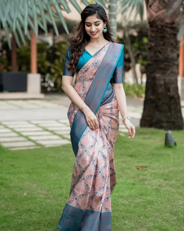 Pink_Floral_Print_Saree_With_Teal_Border_for_Women
