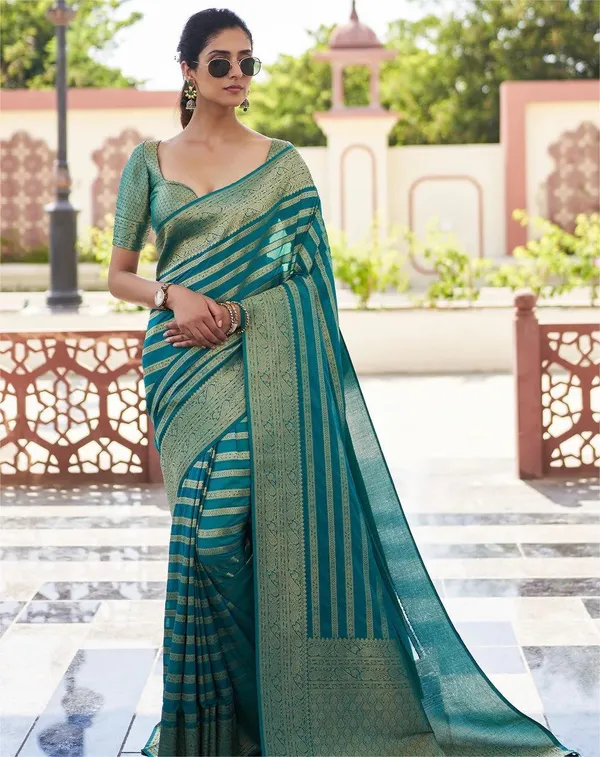 Teal_Woven_Stripe_Saree_for_Women