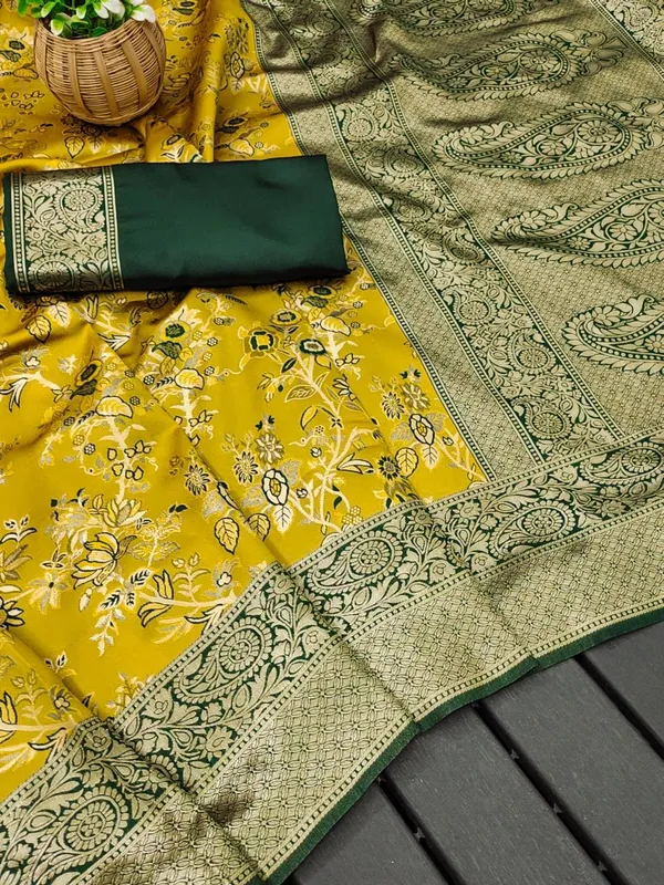 Yellow_Floral_Print_Saree_With_Green_Border_for_Women