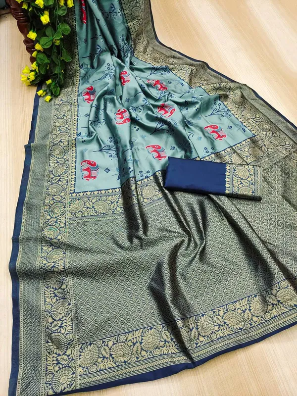 Teal_Printed_Saree_With_Blouse_Piece_for_Women