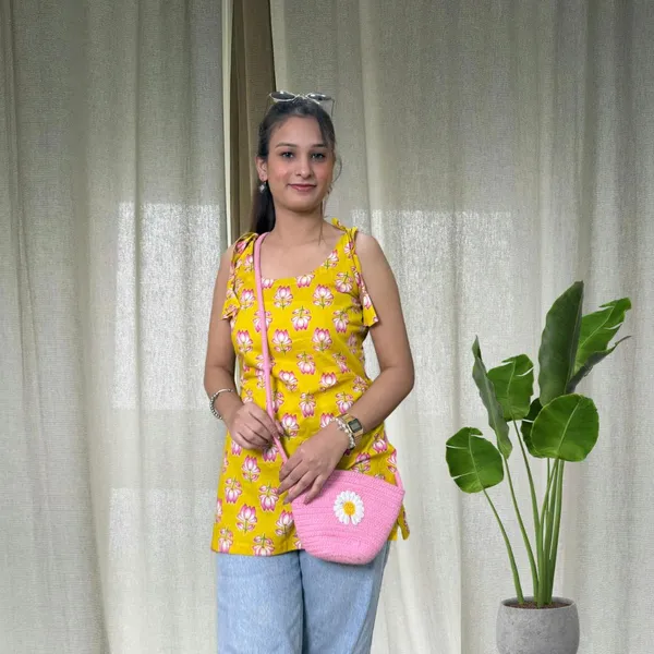 Yellow_Lotus_Spaghetti_Strap_Short_Kurti