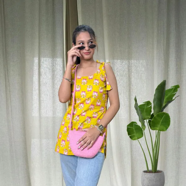 Yellow_Lotus_Spaghetti_Strap_Short_Kurti