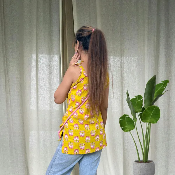 Yellow_Lotus_Spaghetti_Strap_Short_Kurti