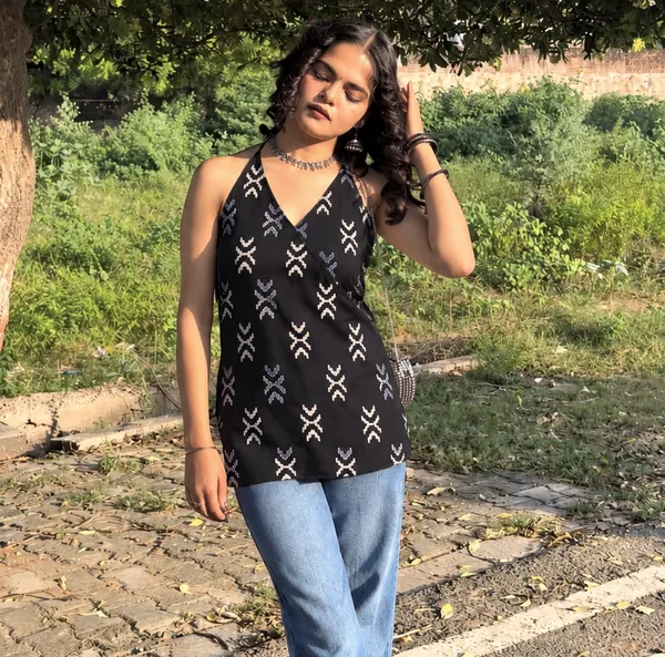 Black_Ikkat_Halter_Neck_Kurti