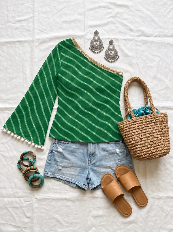 Green_Dotted_Stripe_Flared_Sleeve_Top