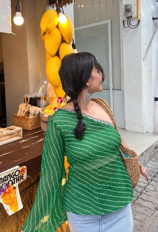 Green_Dotted_Stripe_Flared_Sleeve_Top
