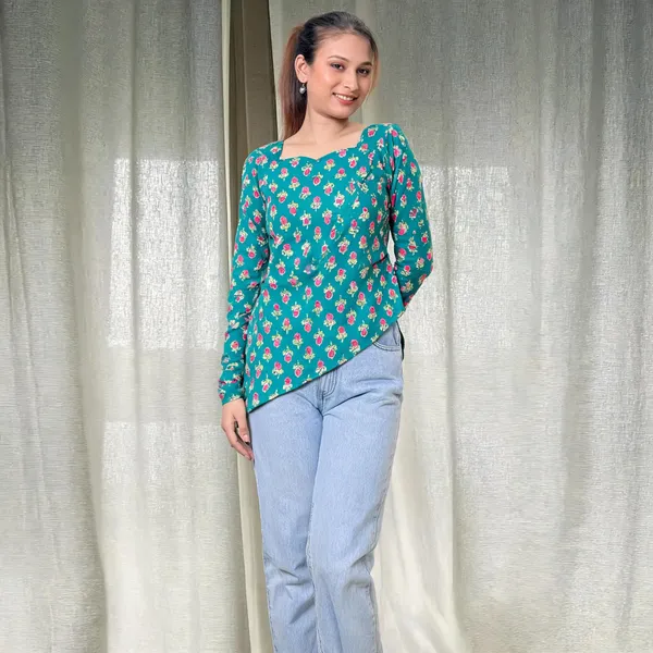 Green_Pure_Cotton_Side_Slit_Short_Kurti_For_Women